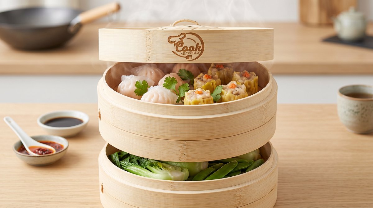 Bamboe stoommand met dim sum en groenten