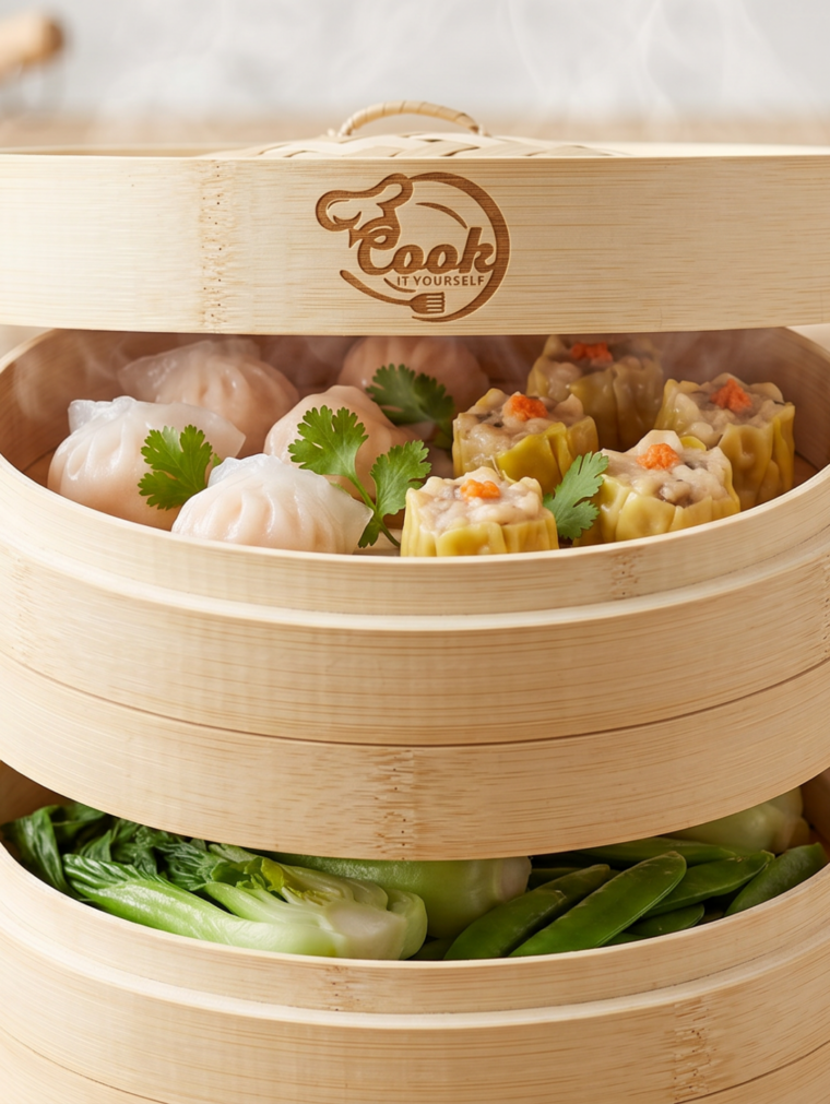 Bamboe Stoommand 20 cm - 2-Laags met Deksel - Incl. 2 Katoenen Stoommatjes & Gratis Recepten E-book - Voor Dim Sum, Dumplings, Bao Buns & Groenten - Cook It Yourself